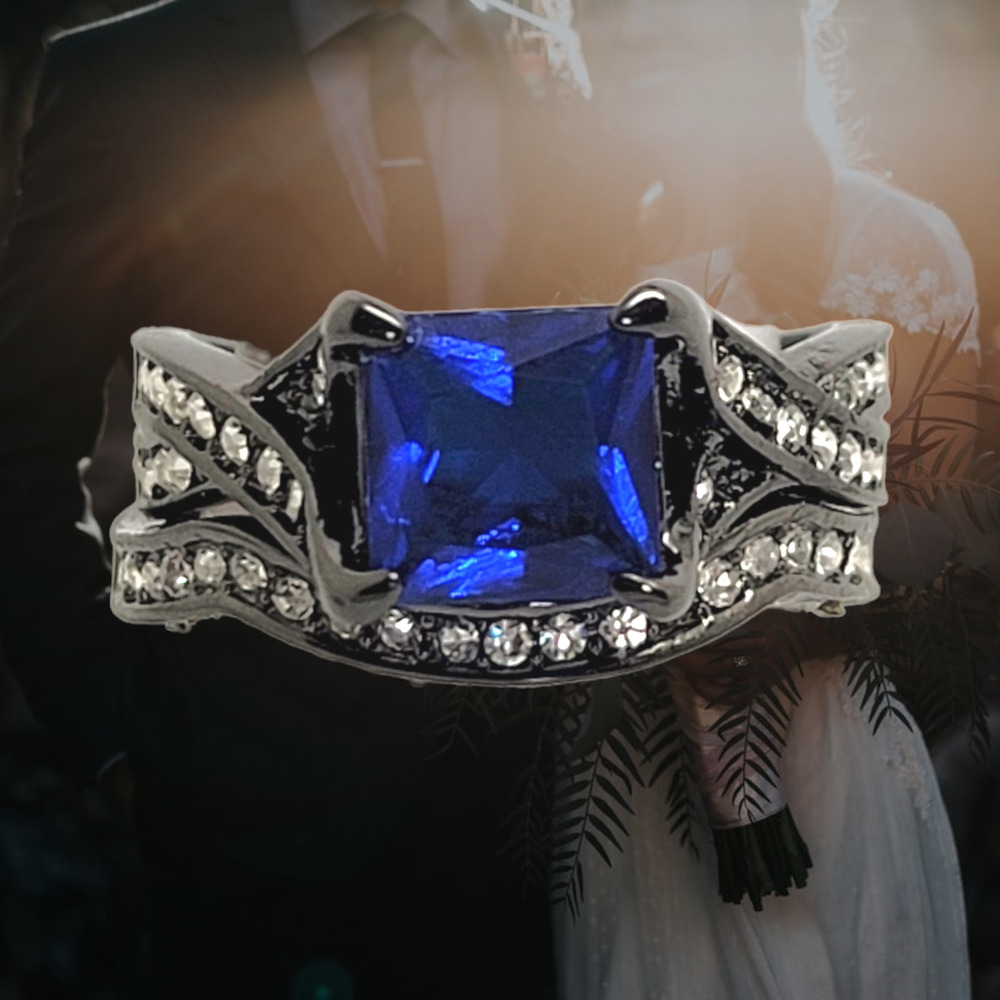 Goth Bridal Set Square Sapphire Round Diamond Simulants Black Gunmetal 2 ring